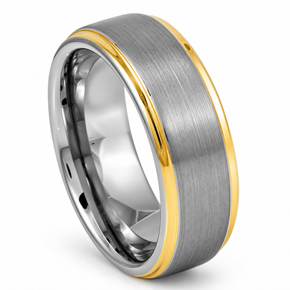 Silver Brushed Finish with Gold Edges Tungsten 8mm Wedding Band — angled alternate product view