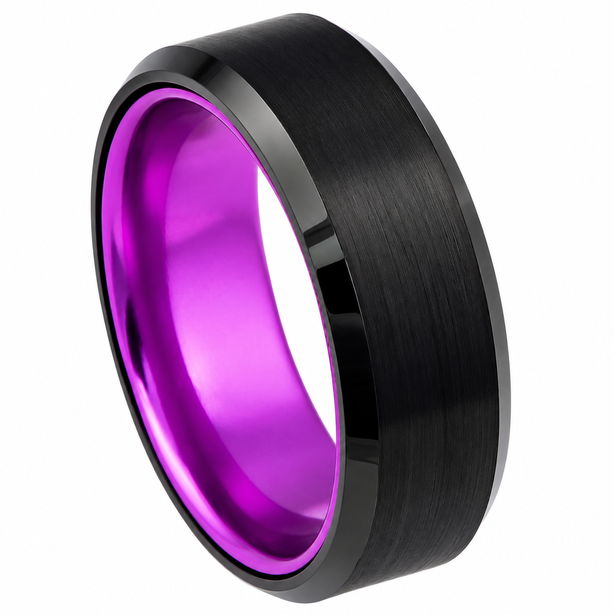 Black Brushed Finish with Purple Interior Tungsten 8mm Wedding Band — angled alternate product view