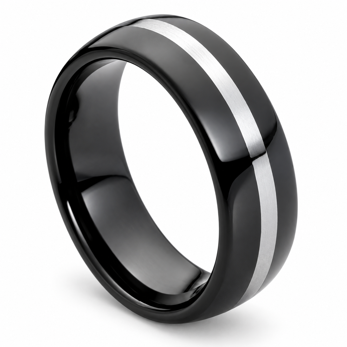 Black Polished with Silver Inlay Tungsten 8mm Engagement Ring — angled alternate product view