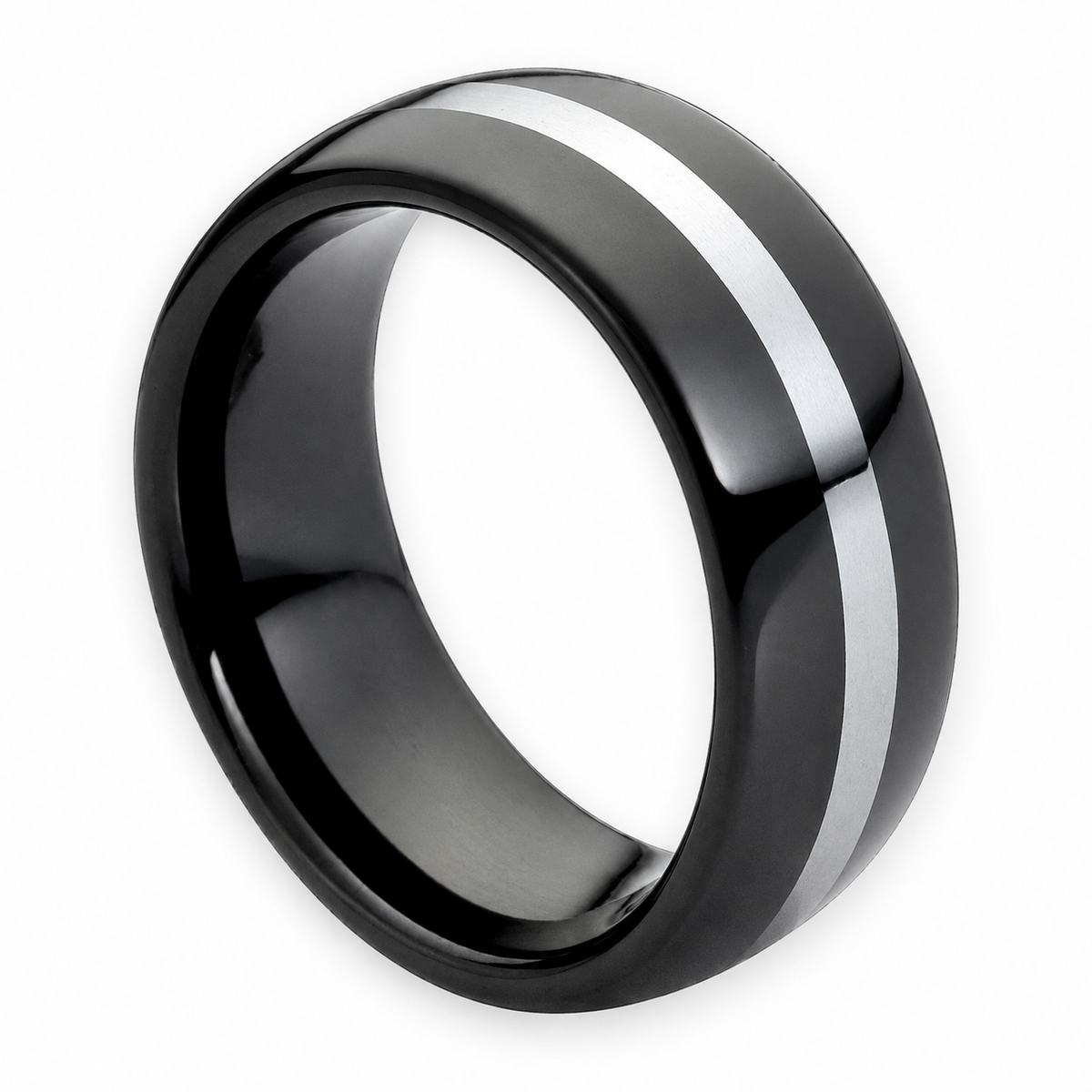 Black Polished with Silver Inlay Tungsten 8mm Engagement Ring — topdown alternate product view