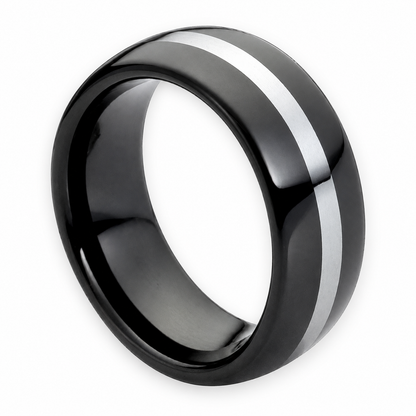 Black Polished with Silver Inlay Tungsten 8mm Engagement Ring — topdown alternate product view