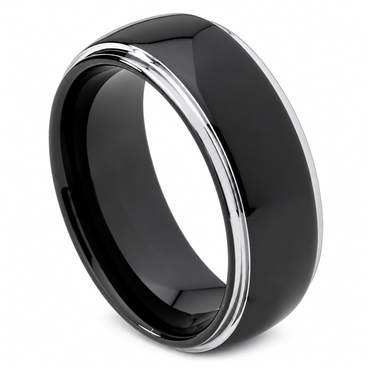 Black Polished Finish with Silver Edge Tungsten 8mm Engagement Ring — angled alternate product view