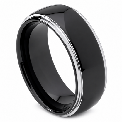 Black Polished Finish with Silver Edge Tungsten 8mm Engagement Ring — angled alternate product view