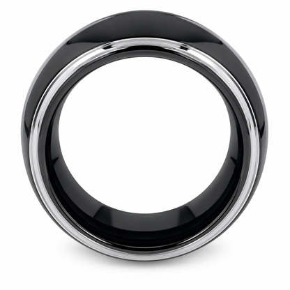 Black Polished Finish with Silver Edge Tungsten 8mm Engagement Ring — topdown alternate product view