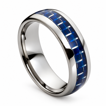 Polished Silver with Blue Opal Inlay Tungsten 8mm Engagement Ring — angled studio product view