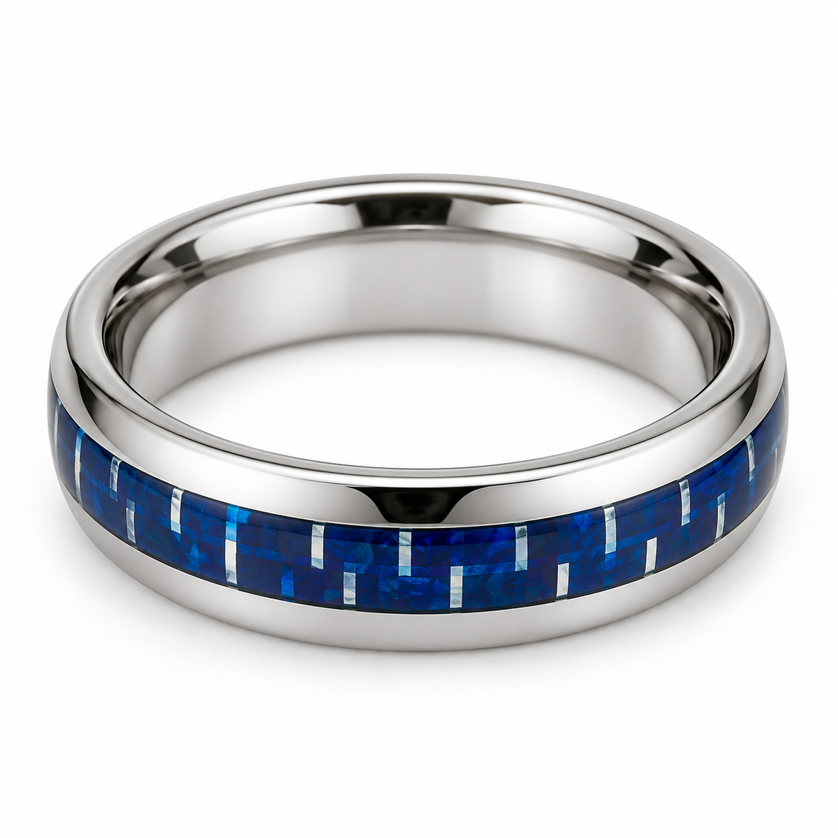 Polished Silver with Blue Opal Inlay Tungsten 8mm Engagement Ring — topdown studio product view