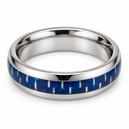 Polished Silver with Blue Opal Inlay Tungsten 8mm Engagement Ring — topdown studio product view