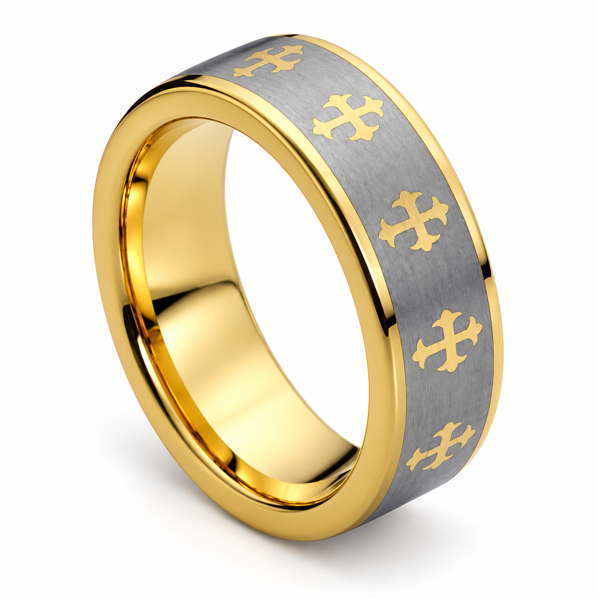 Gold with Matte Silver Inlay Tungsten 8mm Promise Ring — angled alternate product view