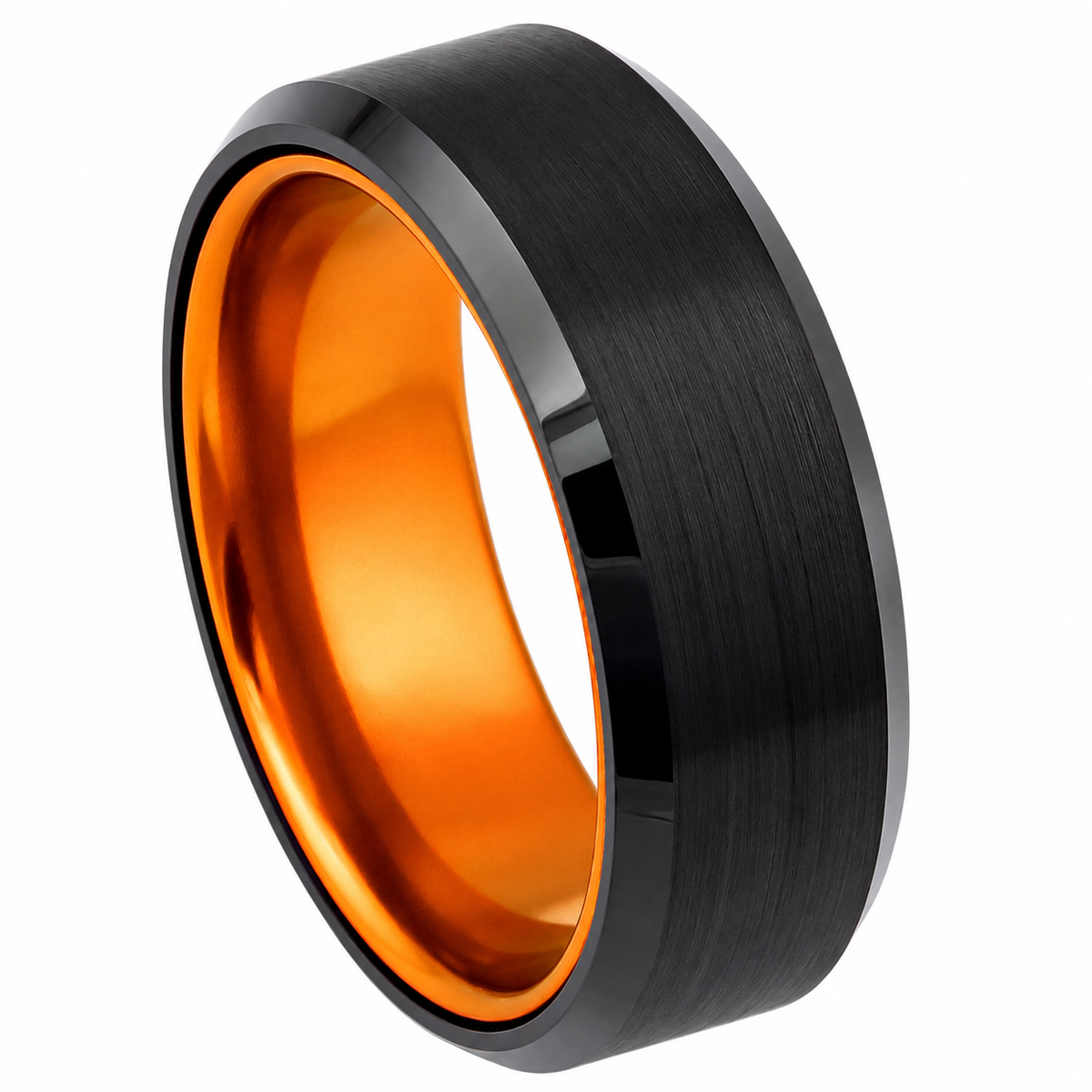 Black Brushed Finish with Orange Interior Tungsten 8mm Wedding Band — angled alternate product view