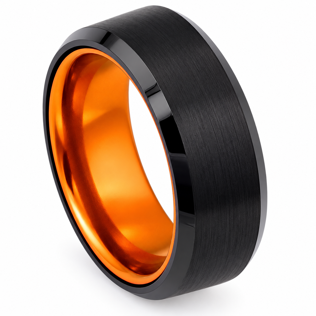 Black Brushed Finish with Orange Interior Tungsten 8mm Wedding Band — topdown alternate product view