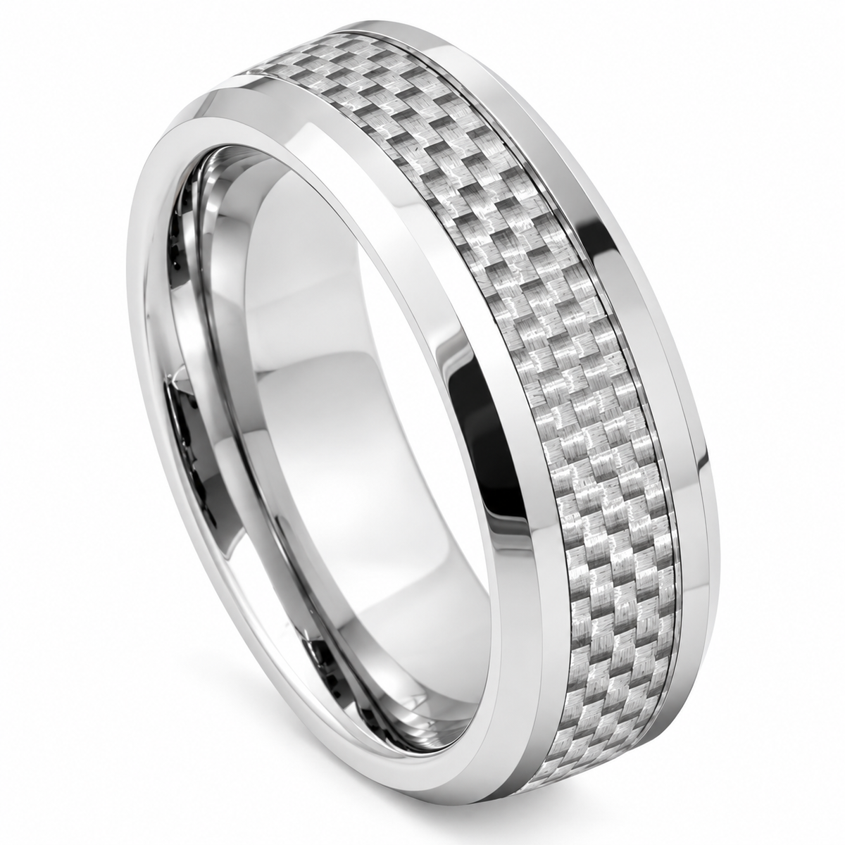 Silver Polished with Carbon Fiber Inlay Tungsten 8mm Wedding Band — angled alternate product view