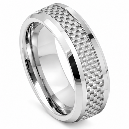Silver Polished with Carbon Fiber Inlay Tungsten 8mm Wedding Band — angled alternate product view