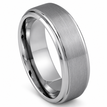 Silver Brushed Finish Tungsten 8mm Wedding Band - Style 5 — angled alternate product view