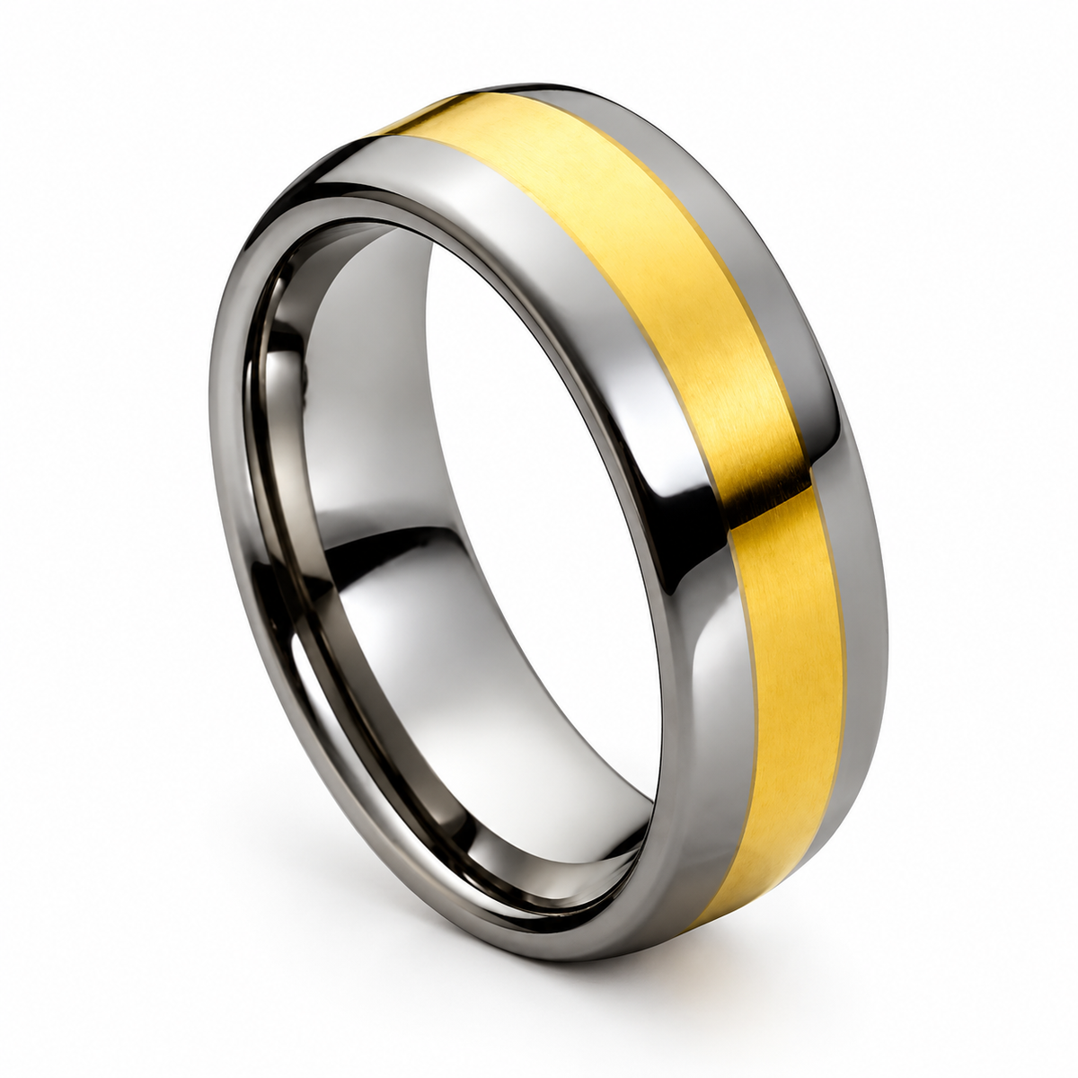 Gunmetal Polished with Gold Inlay Tungsten 8mm Wedding Band — angled studio product view