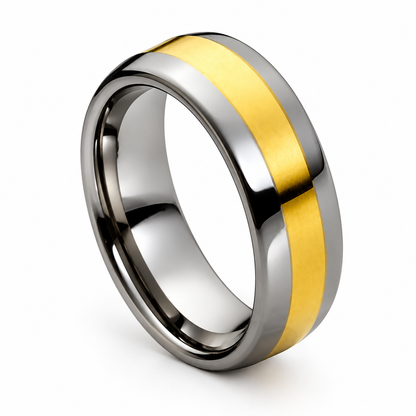 Gunmetal Polished with Gold Inlay Tungsten 8mm Wedding Band — angled studio product view