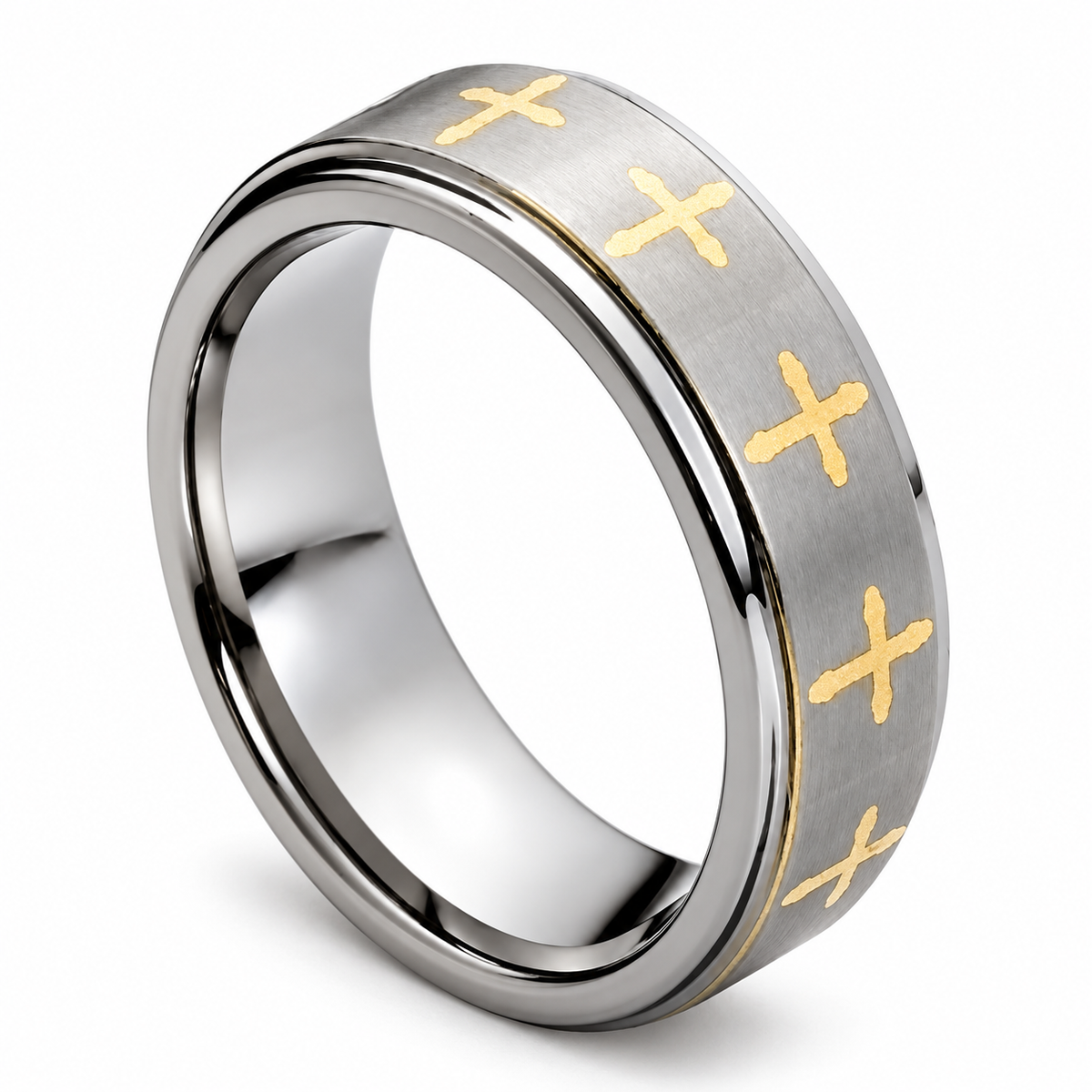 Silver Brushed Finish with Gold Crosses Tungsten 8mm Engagement Ring — angled alternate product view