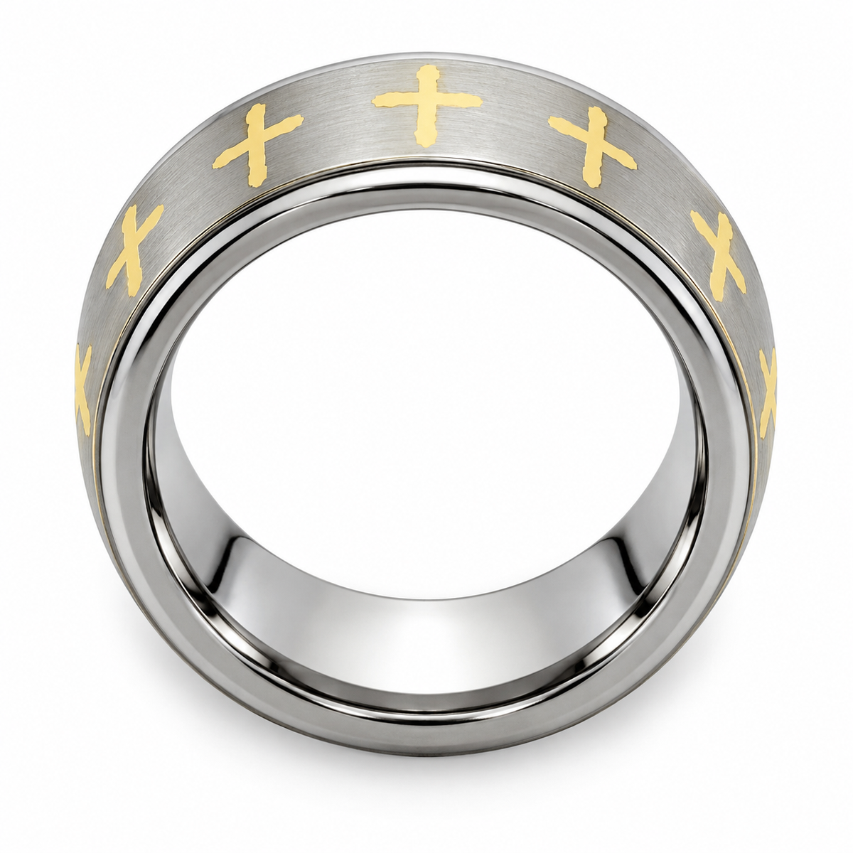 Silver Brushed Finish with Gold Crosses Tungsten 8mm Engagement Ring — topdown alternate product view