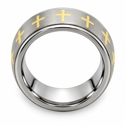 Silver Brushed Finish with Gold Crosses Tungsten 8mm Engagement Ring — topdown alternate product view