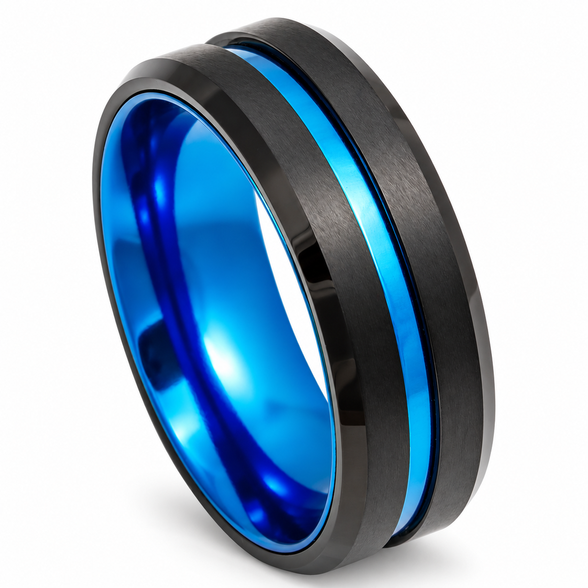 Black Matte with Blue Inlay Tungsten 8mm Wedding Band — angled studio product view