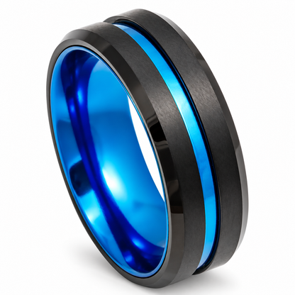 Black Matte with Blue Inlay Tungsten 8mm Wedding Band — angled studio product view