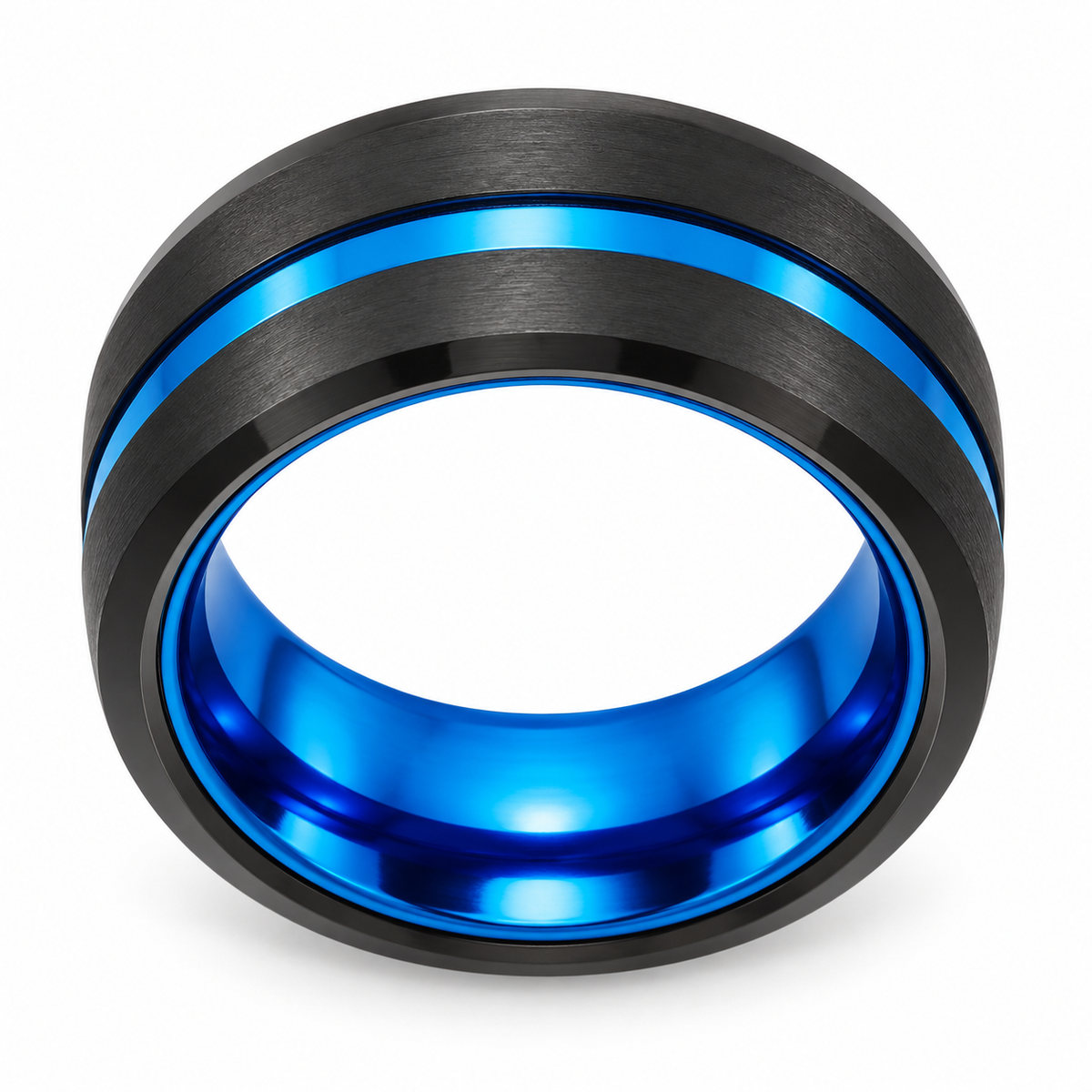 Black Matte with Blue Inlay Tungsten 8mm Wedding Band — topdown studio product view