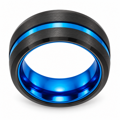 Black Matte with Blue Inlay Tungsten 8mm Wedding Band — topdown studio product view