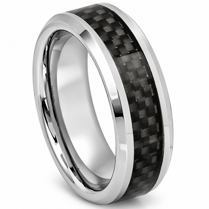 Silver Polished with Carbon Fiber Inlay Tungsten 8mm Promise Ring — angled alternate product view