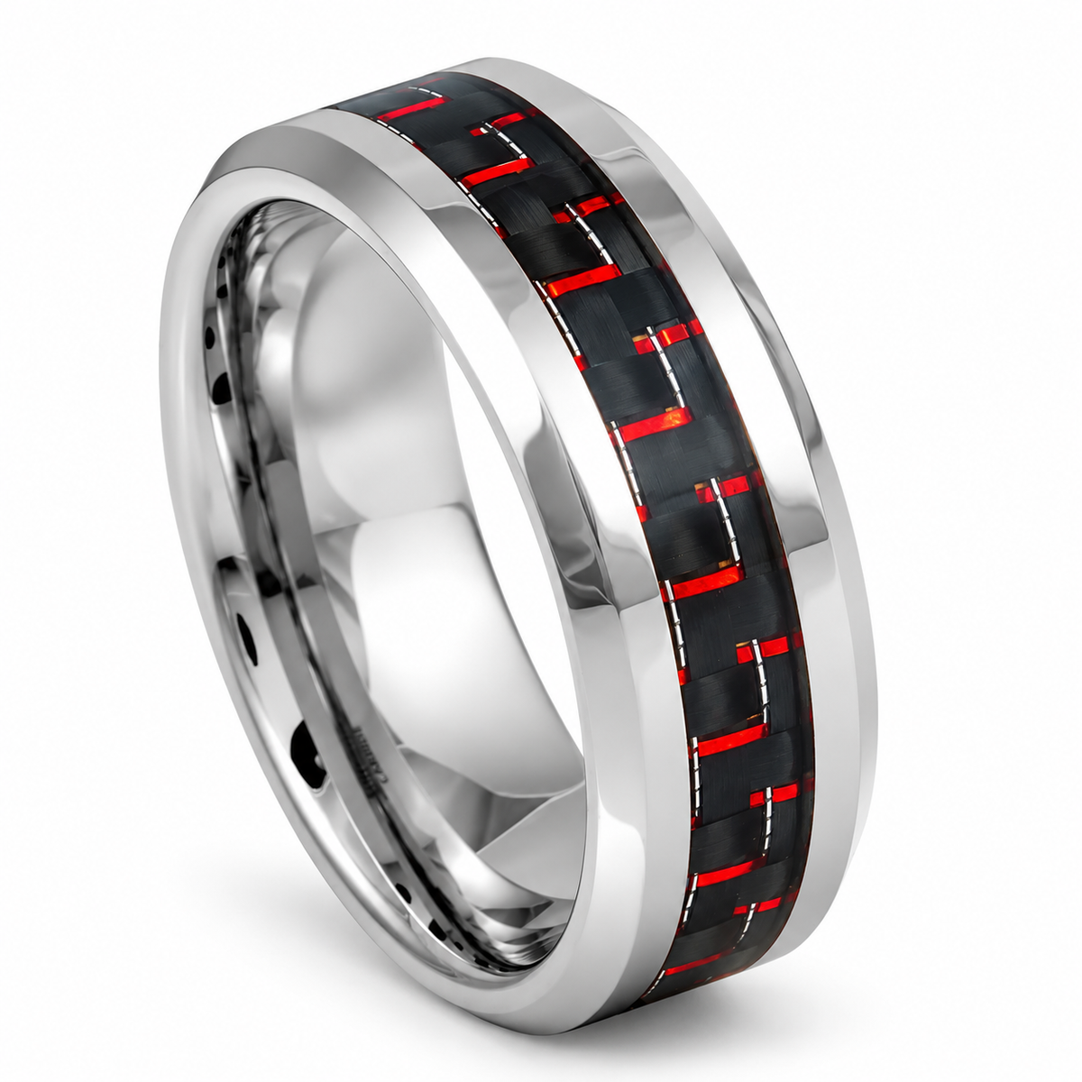 Polished Silver with Red Carbon Fiber Tungsten 8mm Promise Ring — angled studio product view