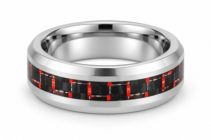 Polished Silver with Red Carbon Fiber Tungsten 8mm Promise Ring — topdown studio product view