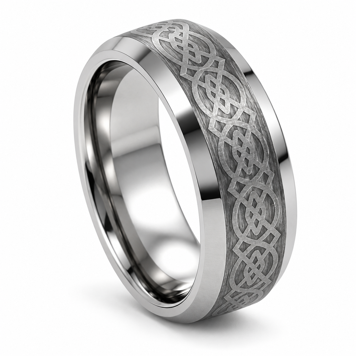Silver Brushed Finish with Celtic Pattern Tungsten 8mm Promise Ring — angled studio product view
