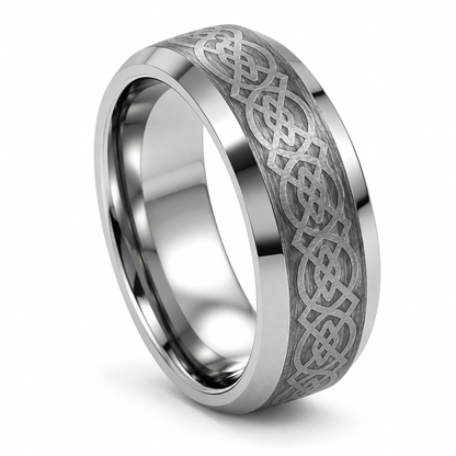 Silver Brushed Finish with Celtic Pattern Tungsten 8mm Promise Ring — angled studio product view