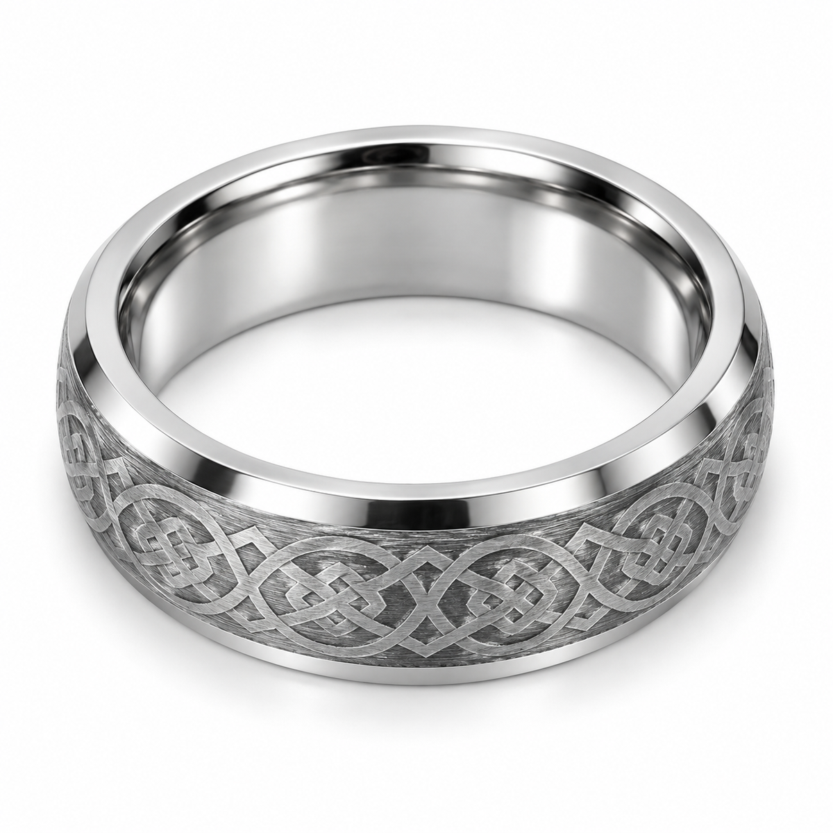 Silver Brushed Finish with Celtic Pattern Tungsten 8mm Promise Ring — topdown studio product view