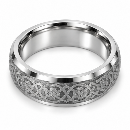 Silver Brushed Finish with Celtic Pattern Tungsten 8mm Promise Ring — topdown studio product view
