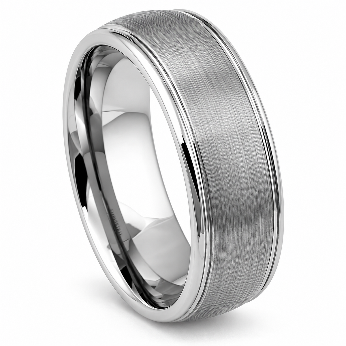 Silver Brushed Center, Polished Edges Tungsten 8mm Wedding Band - Style 2 — angled studio product view