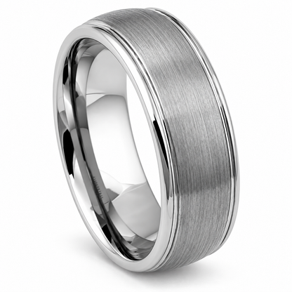 Silver Brushed Center, Polished Edges Tungsten 8mm Wedding Band - Style 2 — angled studio product view