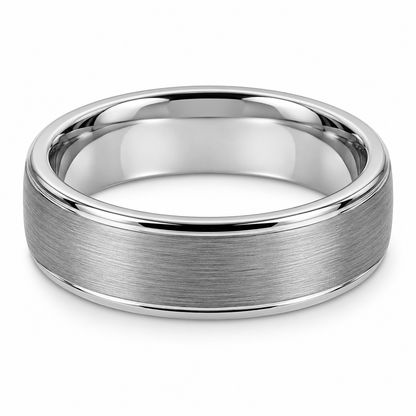 Silver Brushed Center, Polished Edges Tungsten 8mm Wedding Band - Style 2 — topdown studio product view