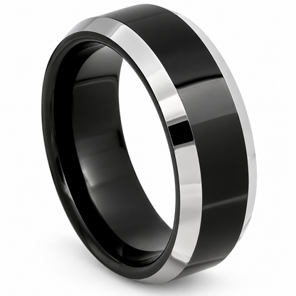 Black Polished Center with Silver Polished Edges Tungsten 8mm Wedding Band — angled alternate product view