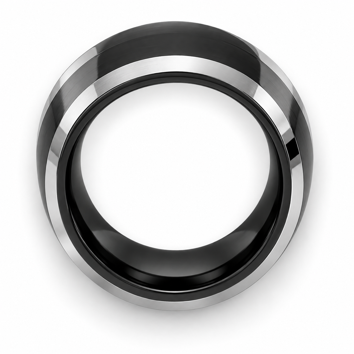 Black Polished Center with Silver Polished Edges Tungsten 8mm Wedding Band — topdown alternate product view