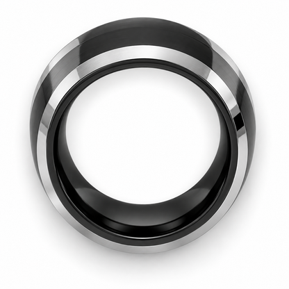 Black Polished Center with Silver Polished Edges Tungsten 8mm Wedding Band — topdown alternate product view