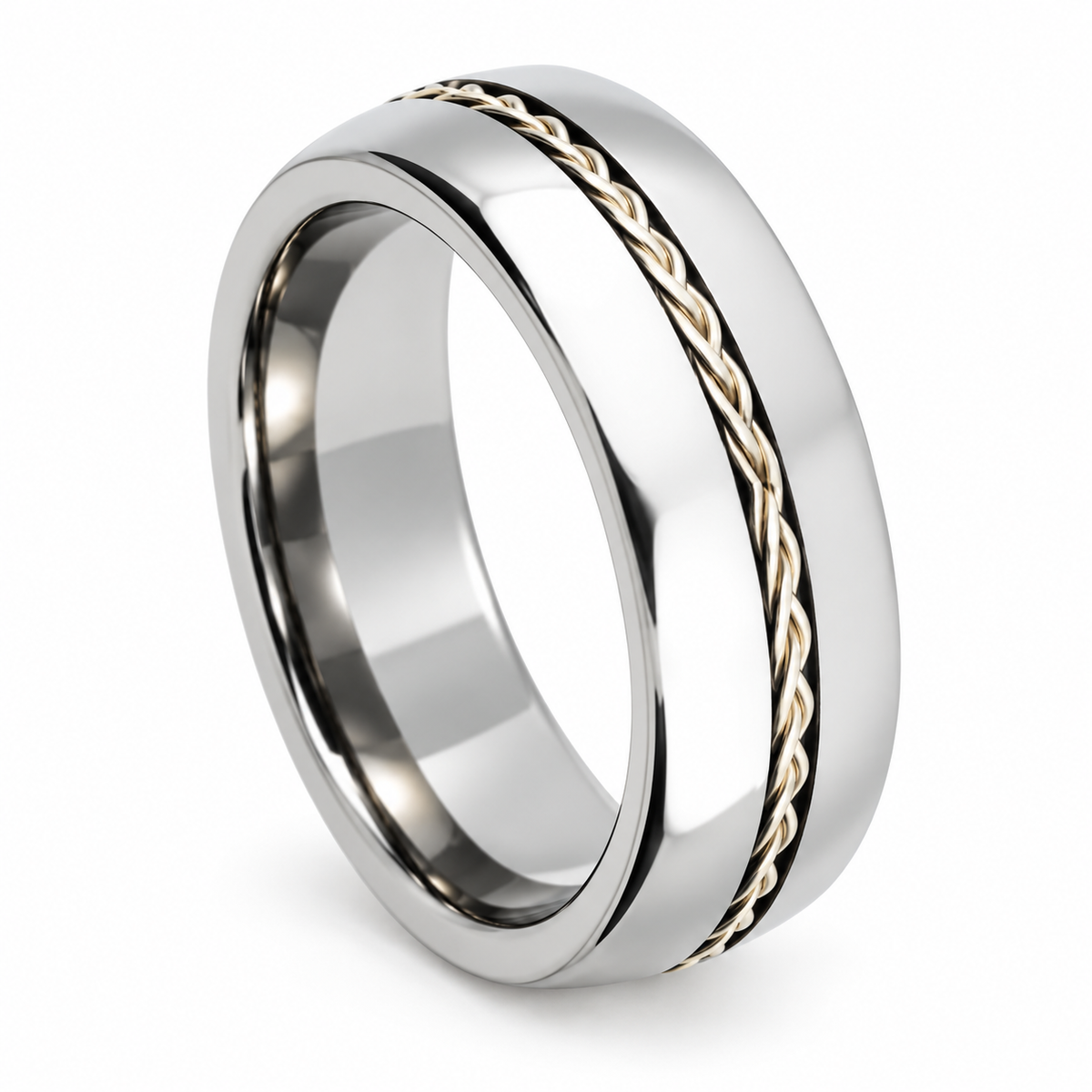 Polished Silver with Gold Braid Tungsten 8mm Wedding Band — angled studio product view