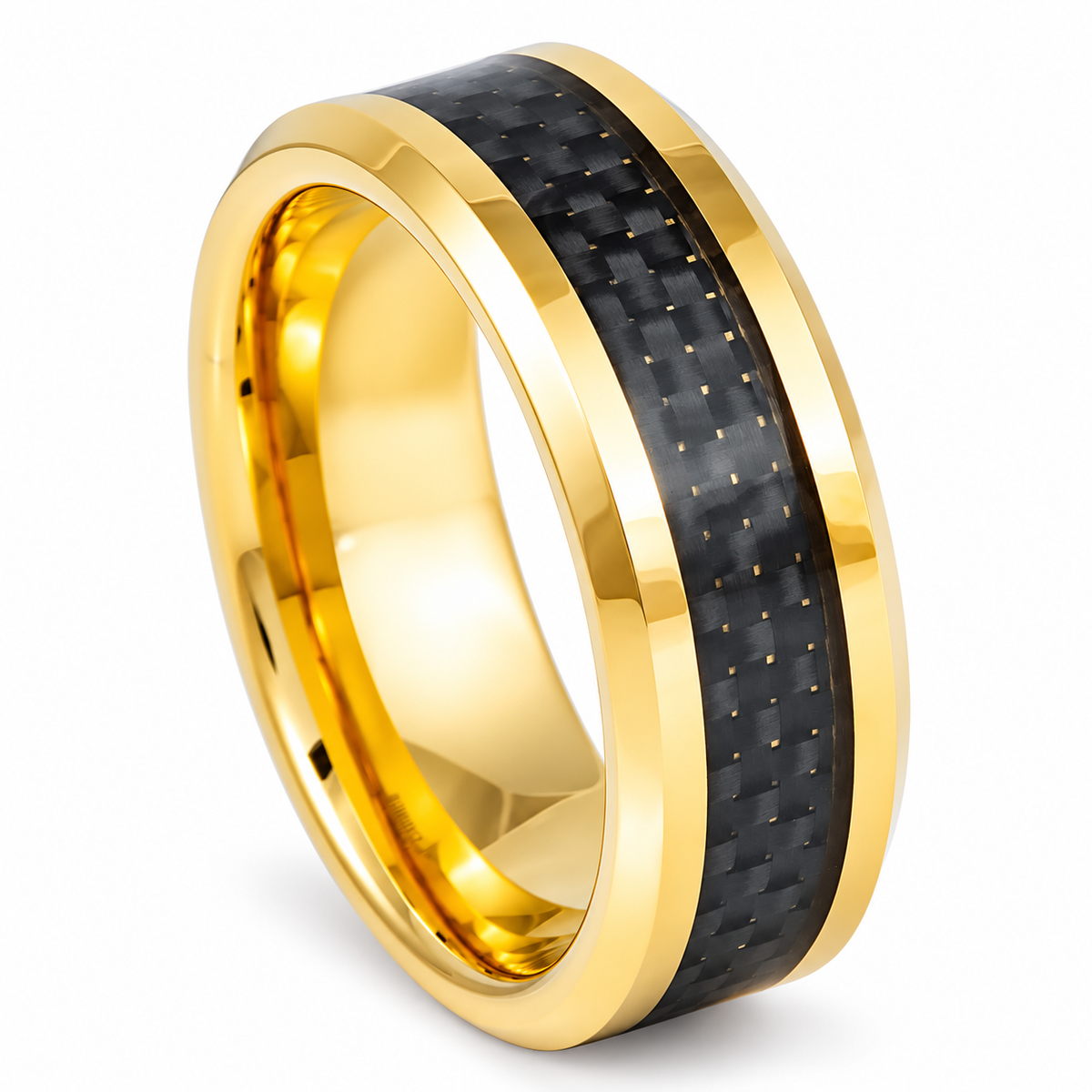 Gold Polished with Carbon Fiber Inlay Tungsten 8mm Wedding Band — angled studio product view