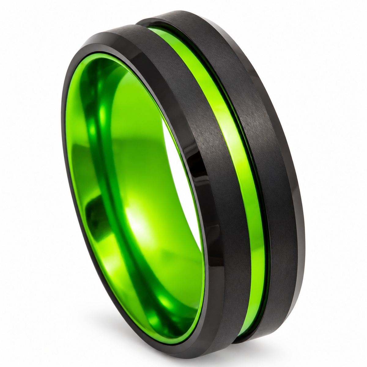 Black Matte with Green Inlay Tungsten 8mm Wedding Band — angled studio product view