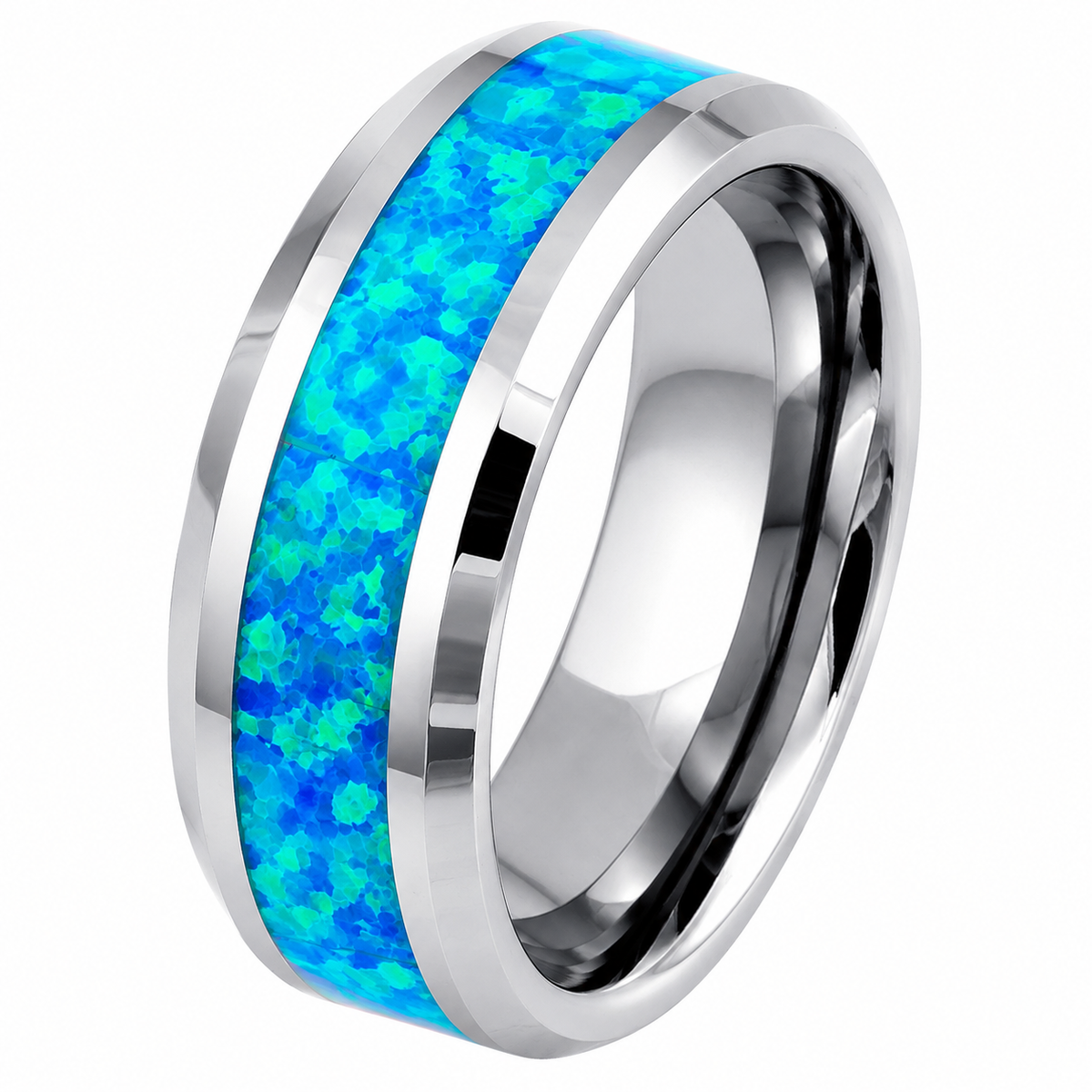 Polished Silver with Blue Opal Inlay Tungsten 8mm Wedding Band - Style 3 — angled alternate product view