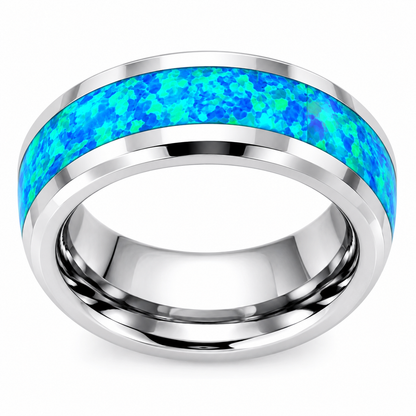 Polished Silver with Blue Opal Inlay Tungsten 8mm Wedding Band - Style 3 — topdown alternate product view