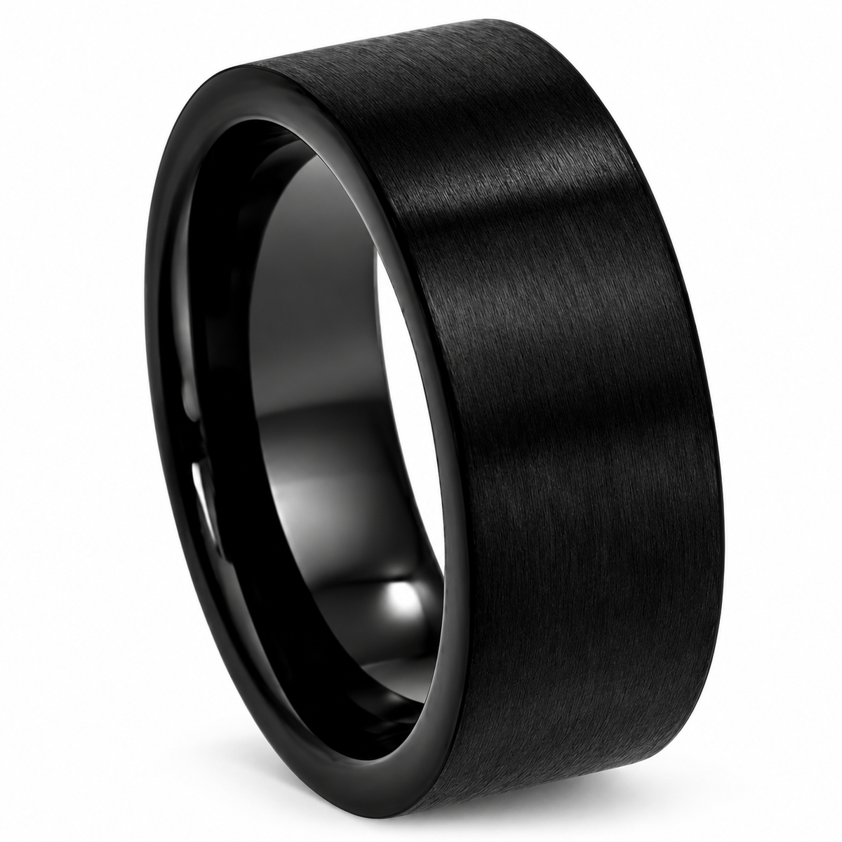 Black Satin Finish Tungsten 9mm Wedding Band — angled studio product view
