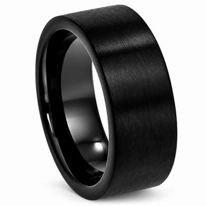 Black Satin Finish Tungsten 9mm Wedding Band — angled studio product view