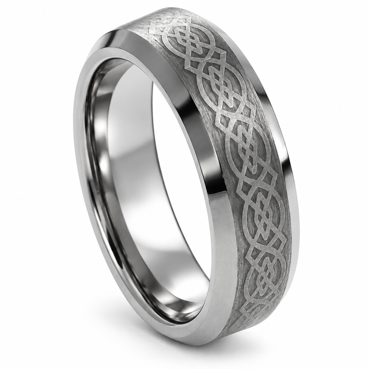 Silver Brushed Finish with Celtic Inlay Tungsten 6mm Promise Ring — angled studio product view