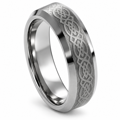 Silver Brushed Finish with Celtic Inlay Tungsten 6mm Promise Ring — angled studio product view