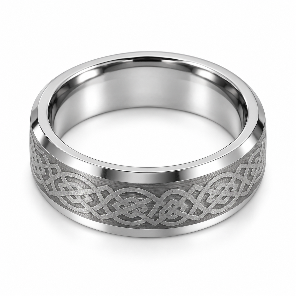 Silver Brushed Finish with Celtic Inlay Tungsten 6mm Promise Ring — topdown studio product view