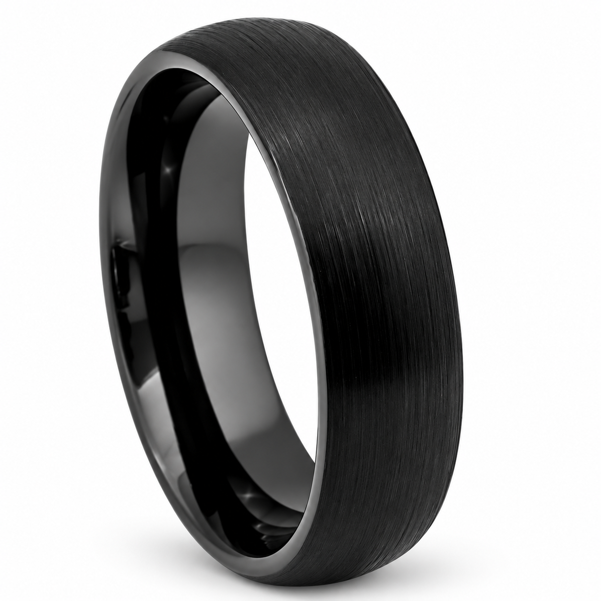 Black Brushed Finish Tungsten 6mm Wedding Band — angled studio product view
